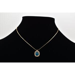 Givenchy Vintage Blue Cabochon Pendant Necklace Baguette Crystal Signed BinBL